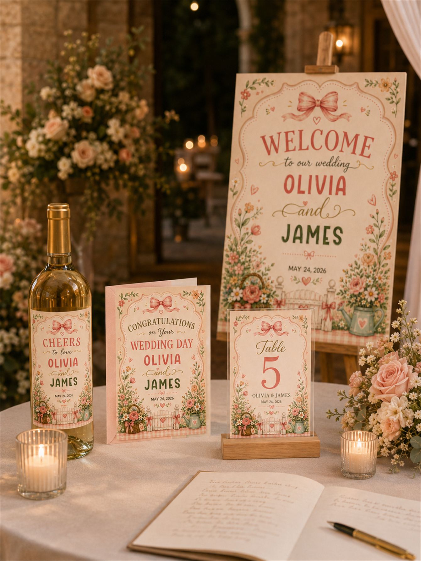 Romantic Garden Country Chic Theme - Watercolor Garden with bow Design - Custom name and date